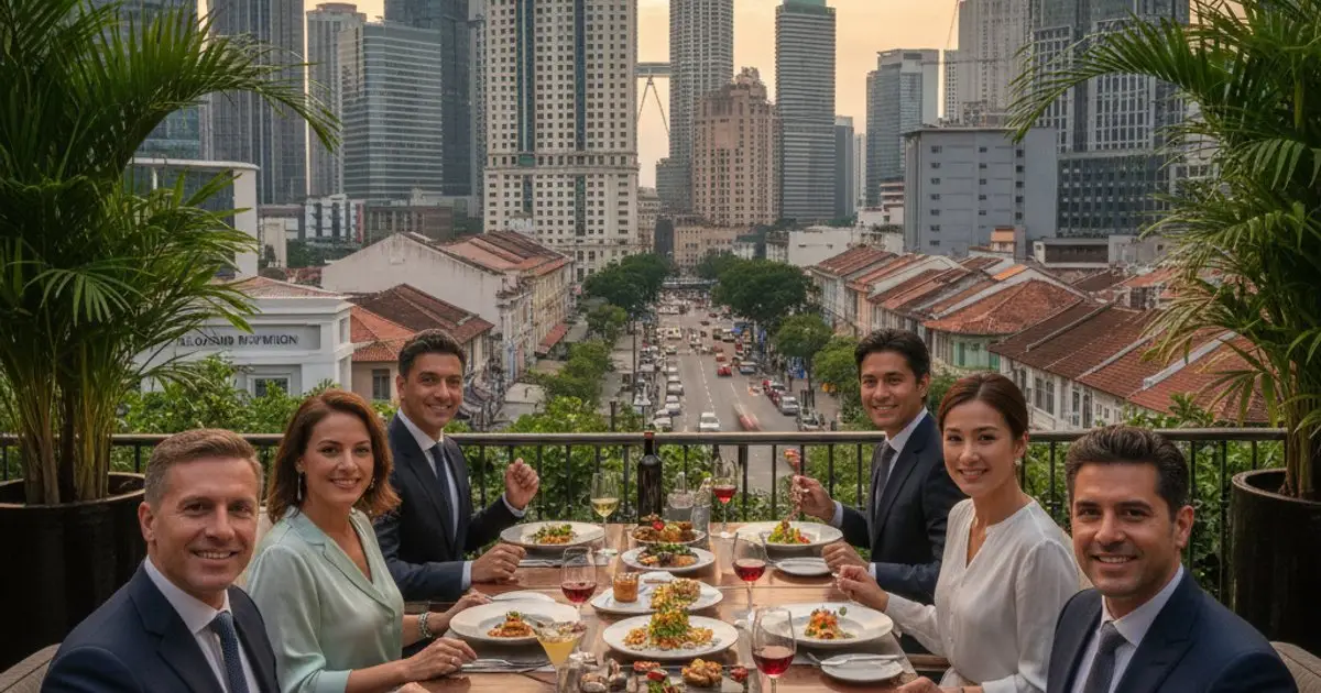 Diverse group of MM2H participants enjoying luxury dining in Malaysia