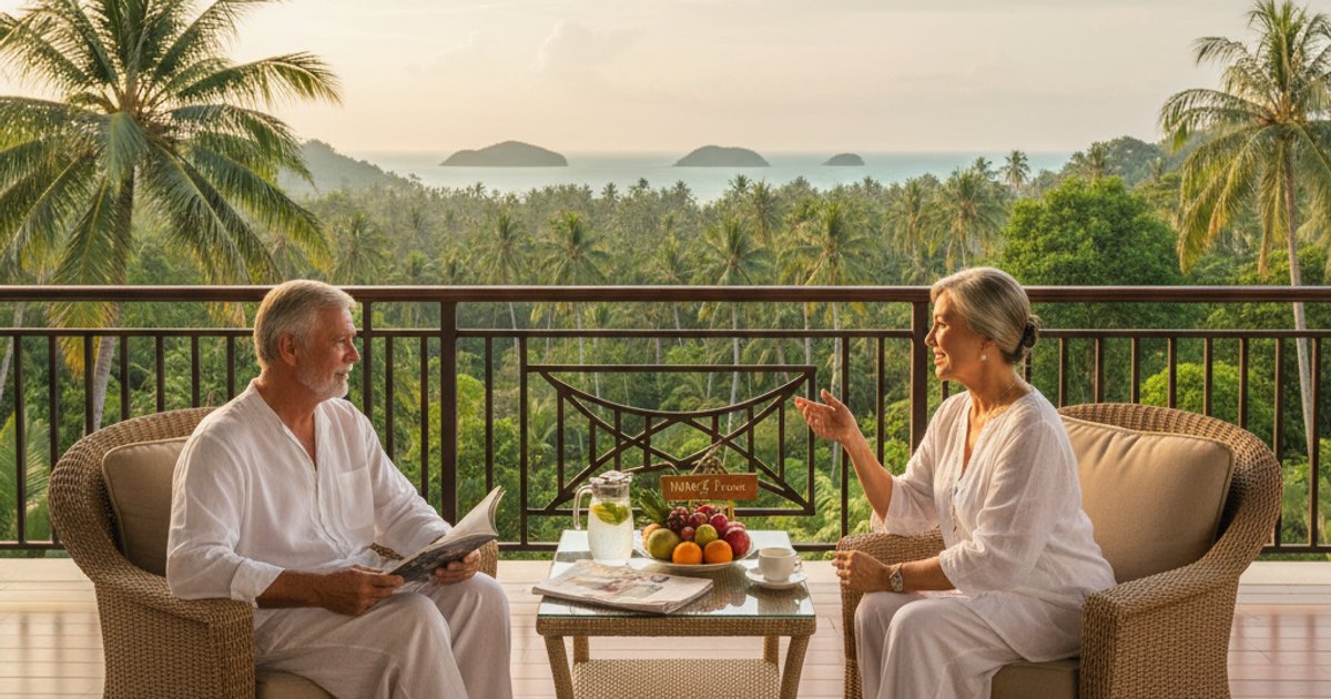 Elderly couple relaxing in a luxurious Malaysian villa, representing the long-term benefits and appeal of the MM2H program.