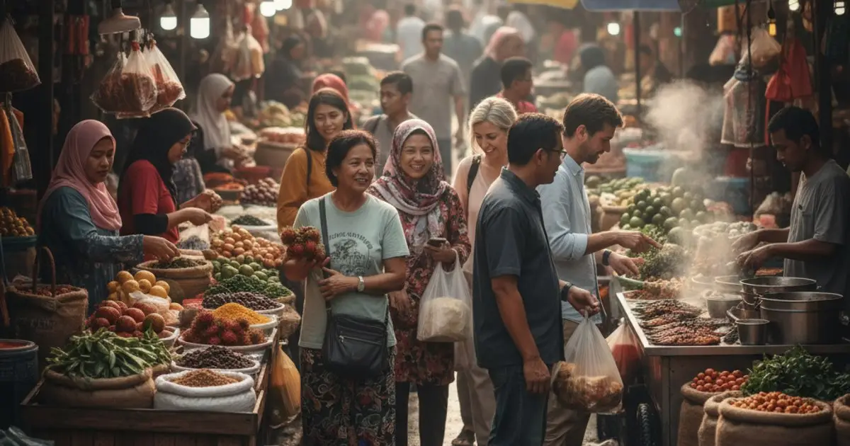 Malaysian street market showing local vendors and customers, illustrating the economic interaction and potential wage dynamics influenced by MM2H residents
