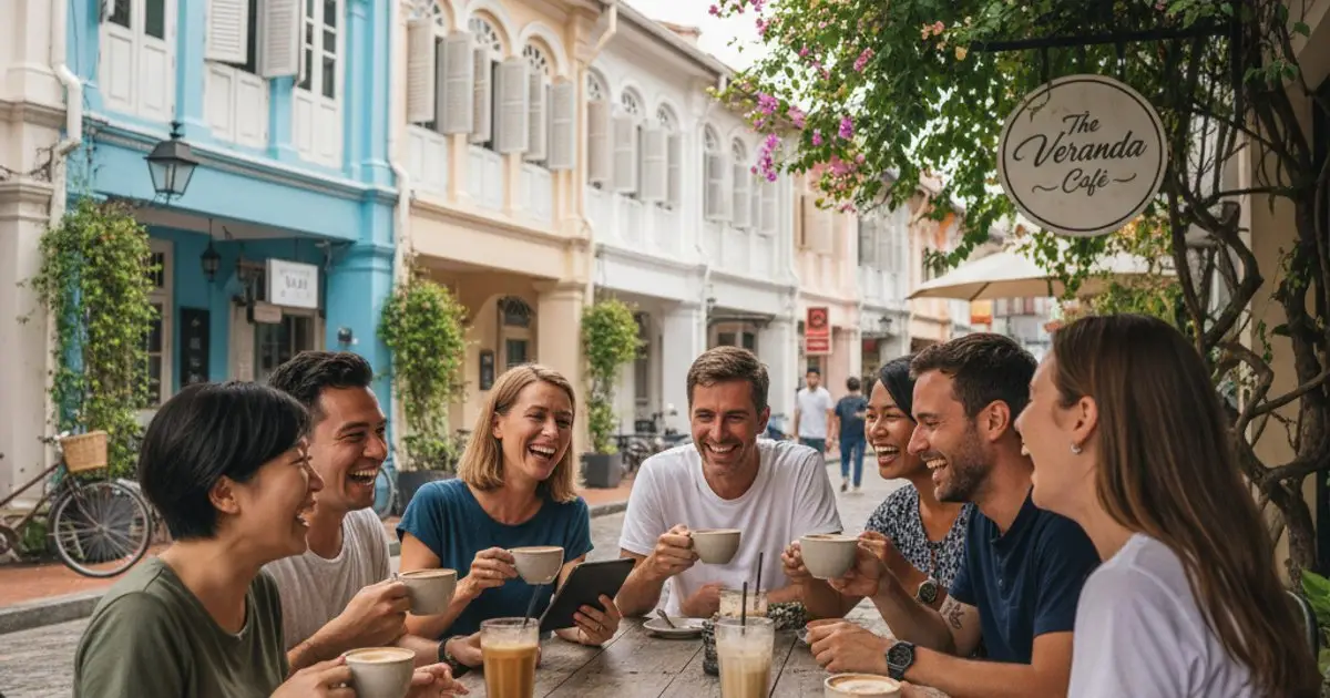 Diverse expatriates enjoying coffee in Penang, highlighting the vibrant lifestyle of MM2H Program participants