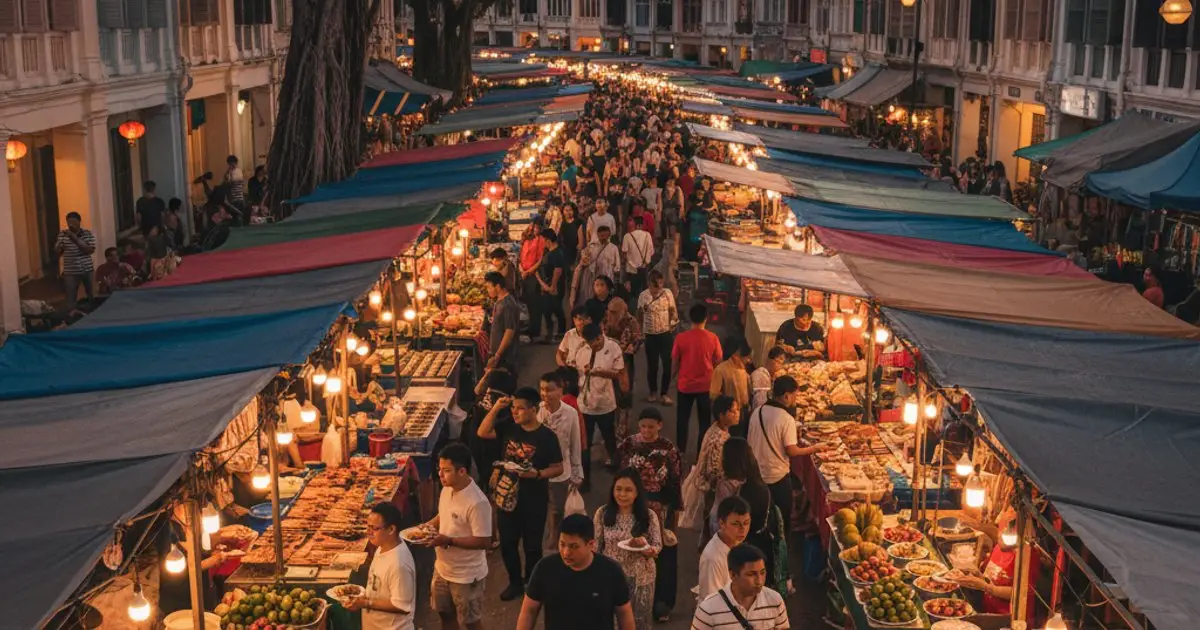 Vibrant Malaysian street market scene with MM2H residents and locals, illustrating community engagement and cultural integration.