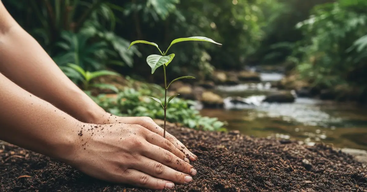 Hands planting a tree, symbolizing environmental conservation and green contributions for MM2H applicants in Malaysia