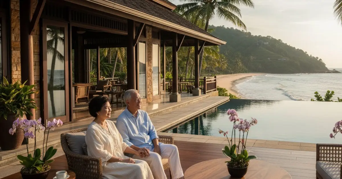 An older couple enjoying a luxurious lifestyle in a Malaysian villa, representing the MM2H program