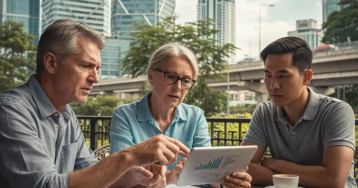MM2H residents discussing financial planning at a cafe in Kuala Lumpur after interest rate hike