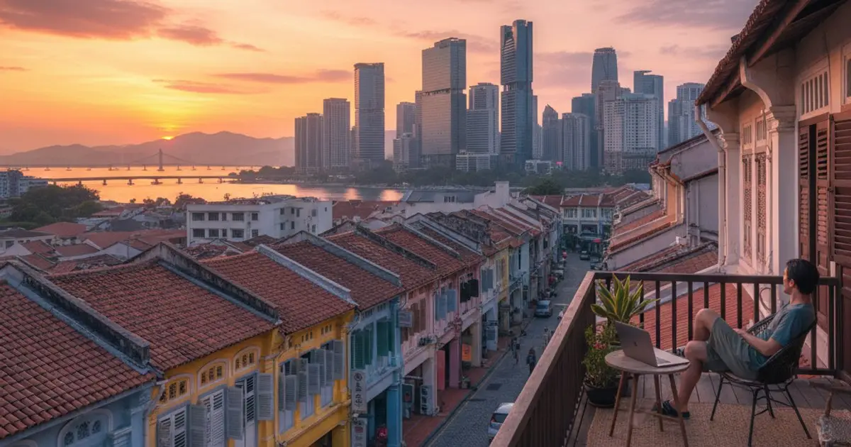 Penang skyline at sunset, symbolizing Malaysia's attractiveness for remote workers and those considering the MM2H Program or DE Rantau visa.