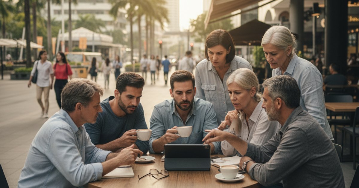 MM2H residents discussing financial news at a cafe, concerned about tax changes