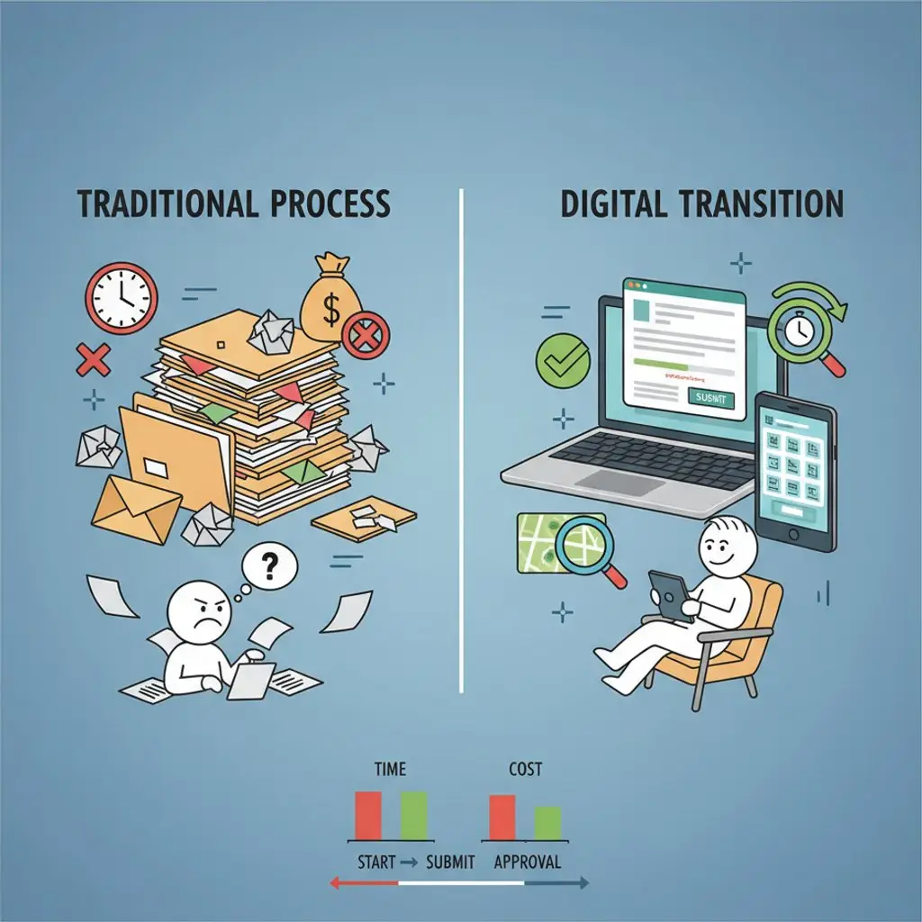 Infographic comparing the old paper-based MM2H visa application process with the new digital MM2H portal, highlighting efficiency gains.