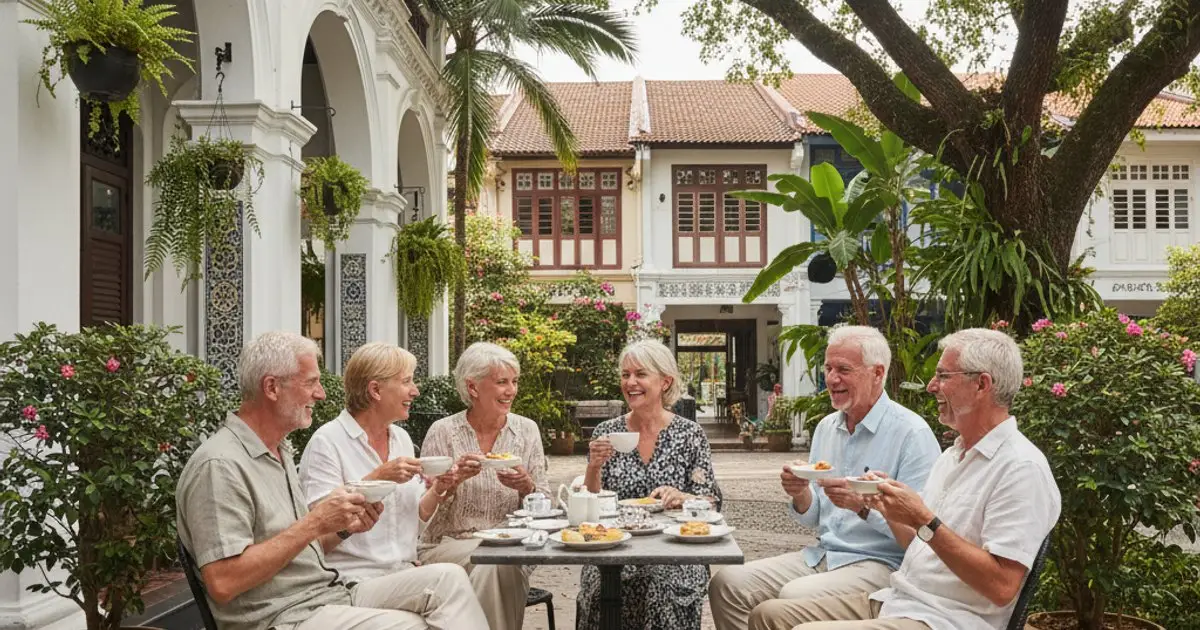 European retirees enjoying tea in Penang, highlighting Malaysia's appeal for MM2H