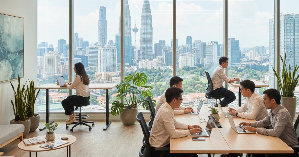 Digital nomads working in a modern co-working space in Kuala Lumpur, highlighting Malaysia's appeal for remote workers and MM2H applicants