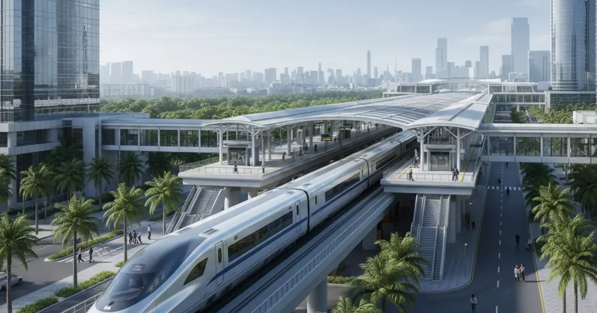 High-speed train departing a modern station, symbolizing Malaysia's infrastructure and MM2H connectivity