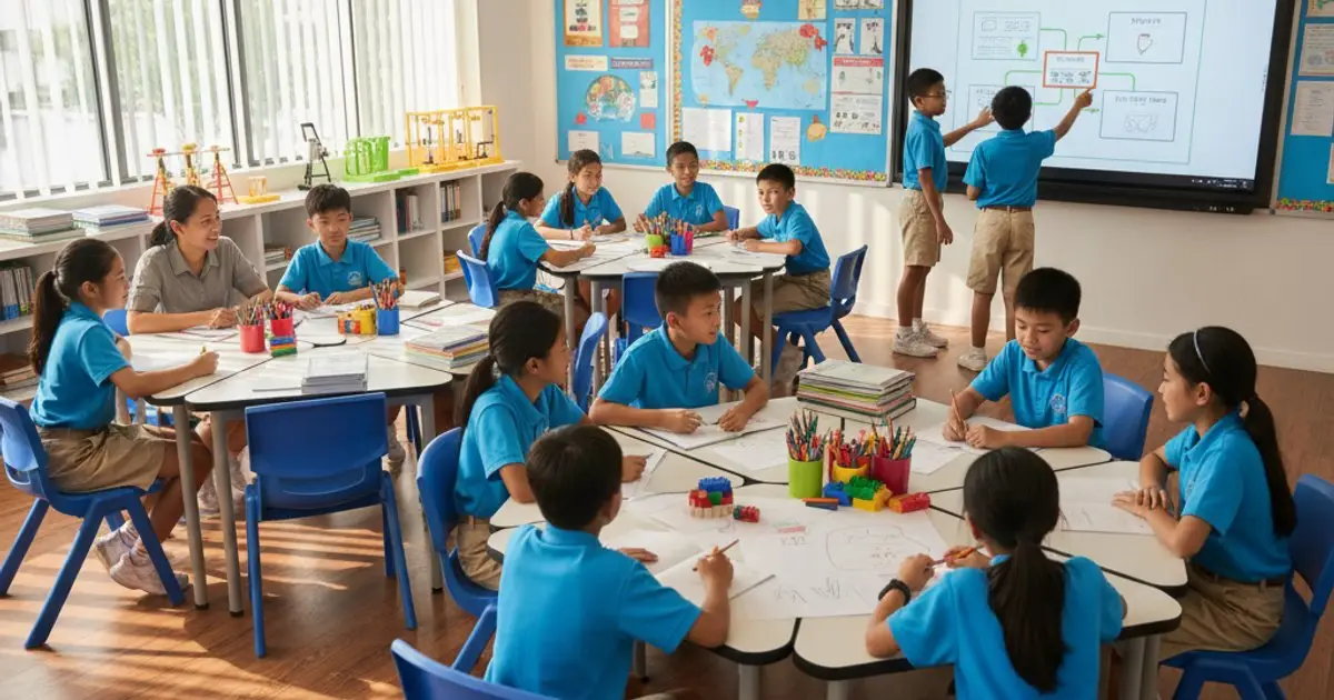 Diverse children learning in a modern Malaysian international school classroom, highlighting MM2H education benefits.