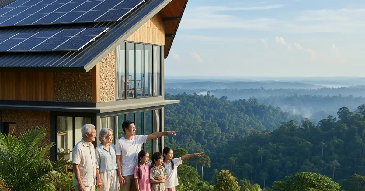 Eco-conscious MM2H applicants in front of a green home in Malaysia