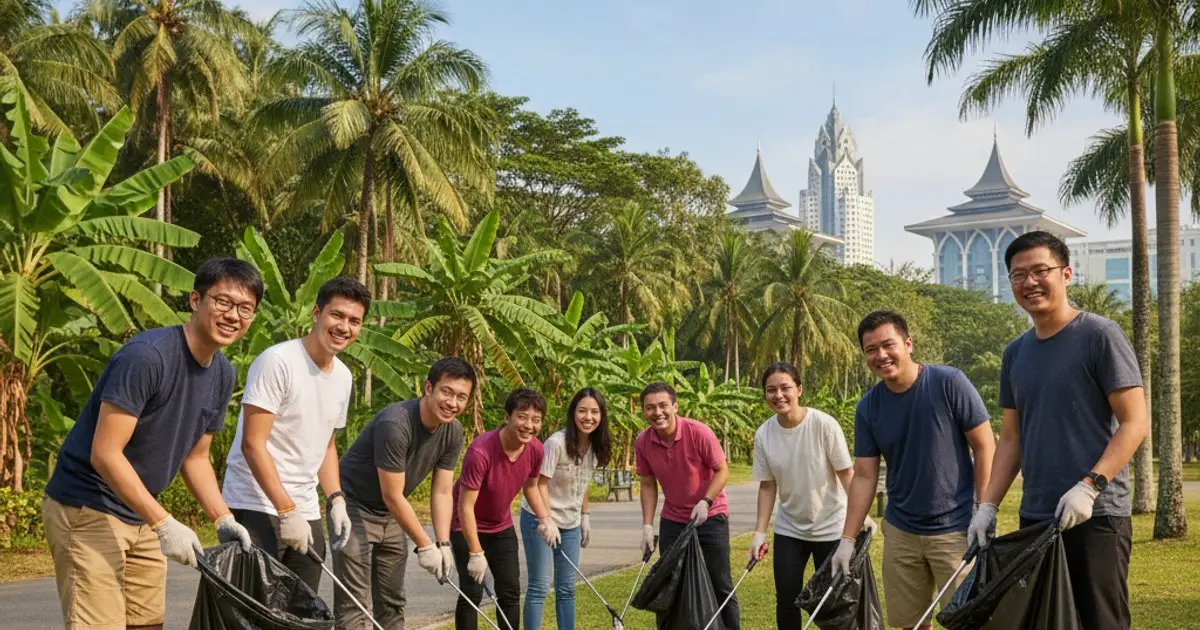 MM2H participants volunteering with local Malaysians in a park clean-up