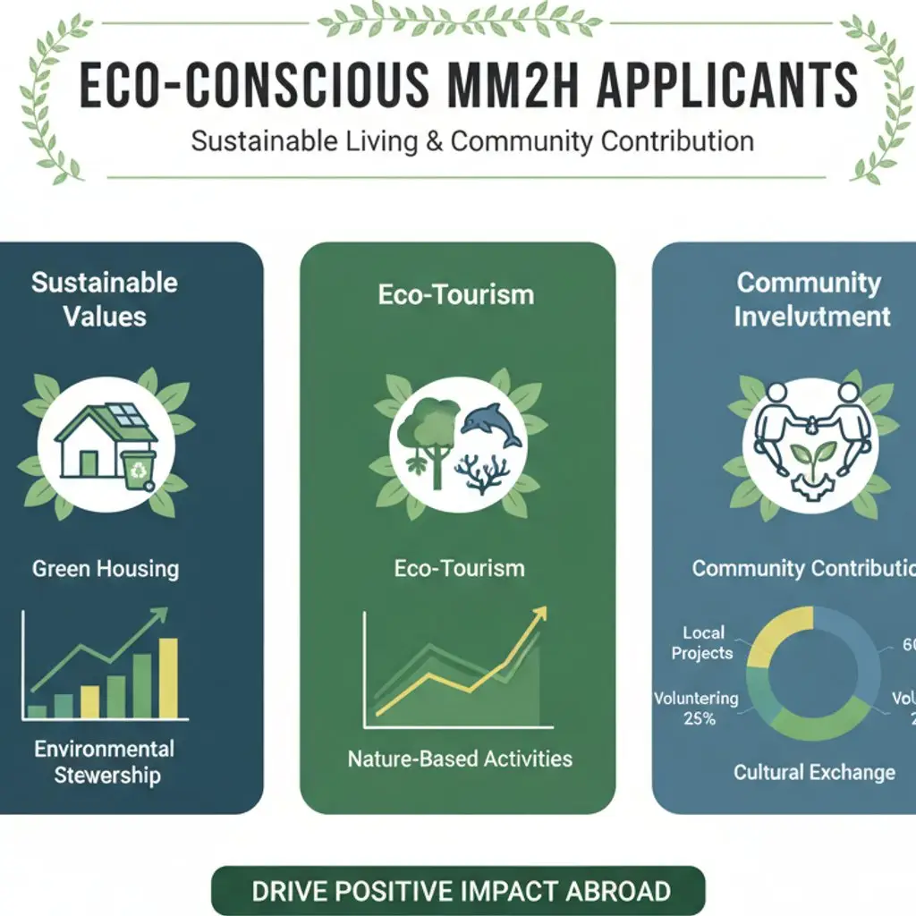 Infographic illustrating eco-conscious MM2H applicants' values and interests in sustainable living and green initiatives in Malaysia.