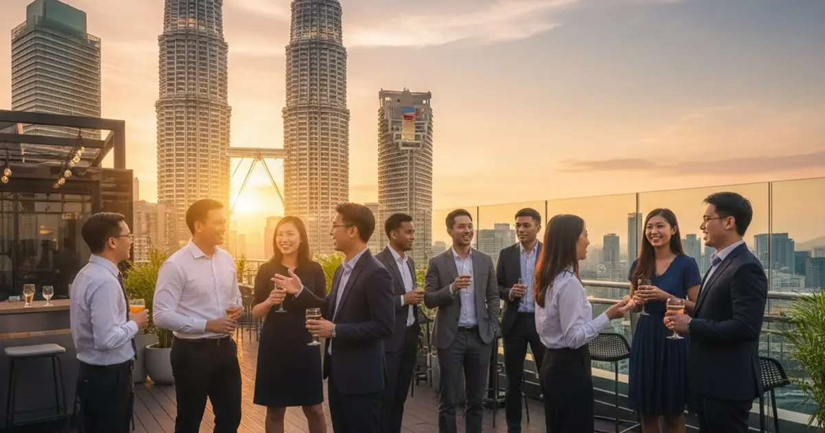 Diverse community of MM2H residents and digital nomads networking on a rooftop in Kuala Lumpur, symbolizing Malaysia's evolving residency programs