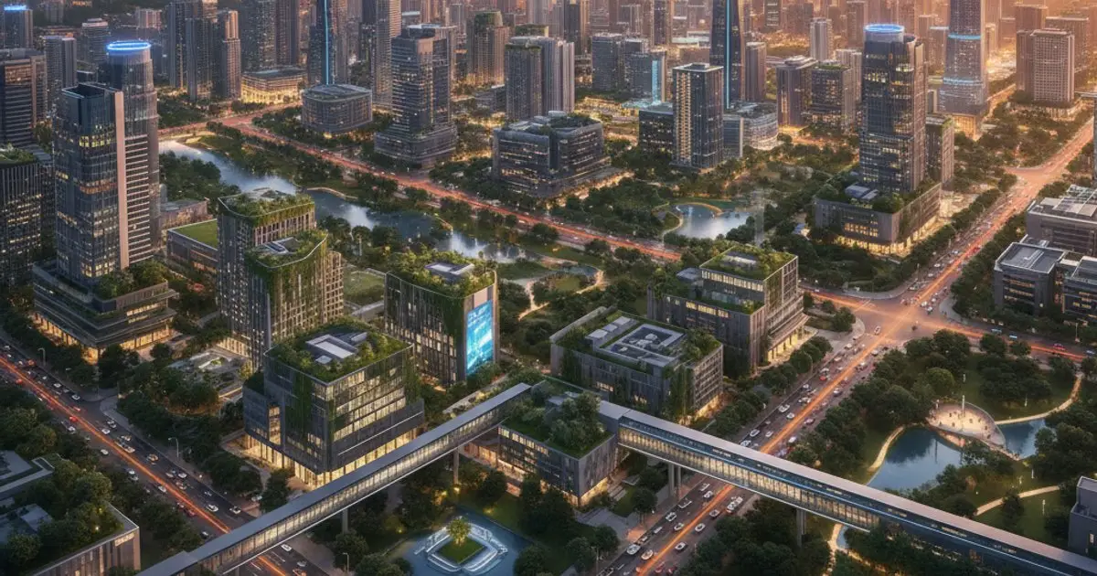 Aerial view of a Malaysian smart city with green buildings and advanced infrastructure, appealing to MM2H residents