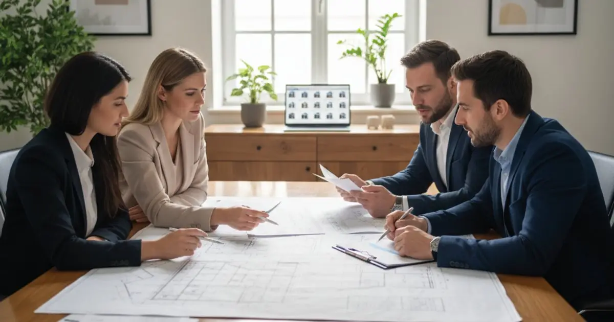 MM2H applicants reviewing property documents with real estate agents in a modern office
