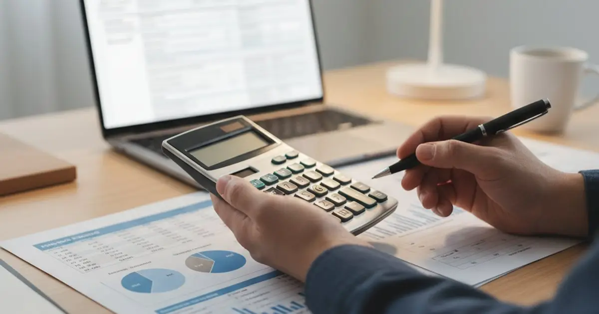 Hands using a calculator and pen on financial documents, symbolizing MM2H tax planning