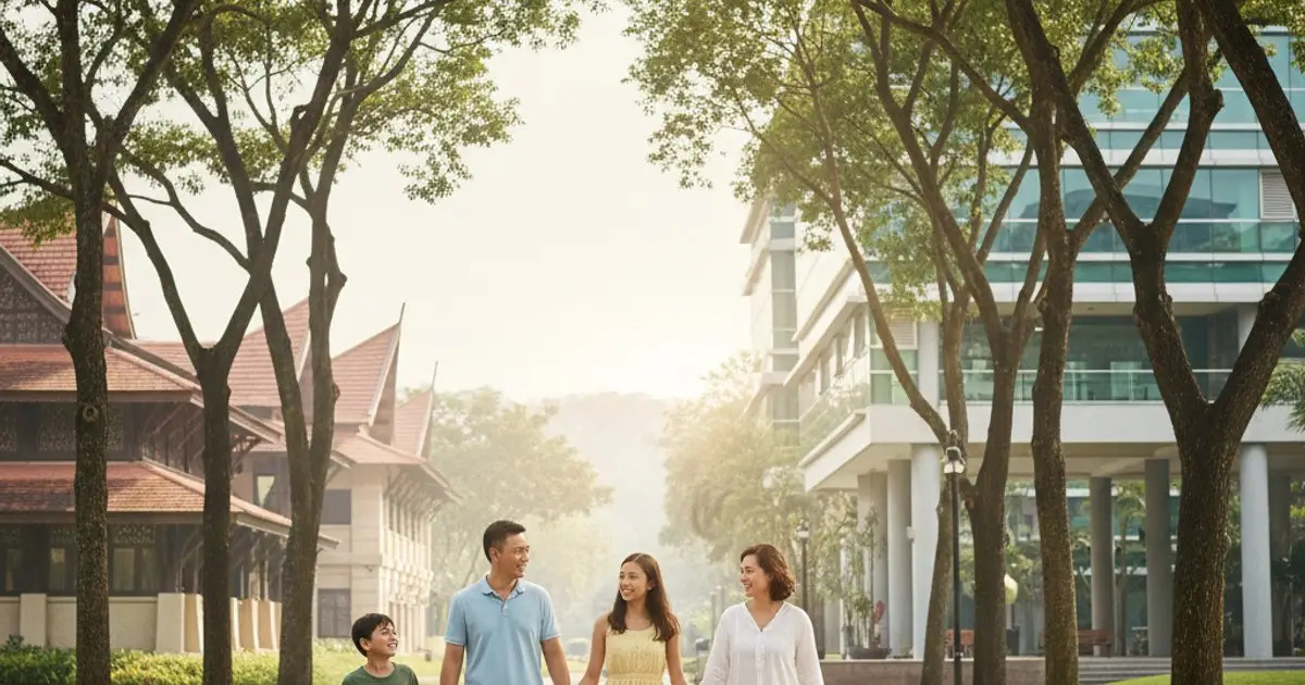 Expat family walking on a Malaysian university campus, symbolizing long-term MM2H residency and educational opportunities.