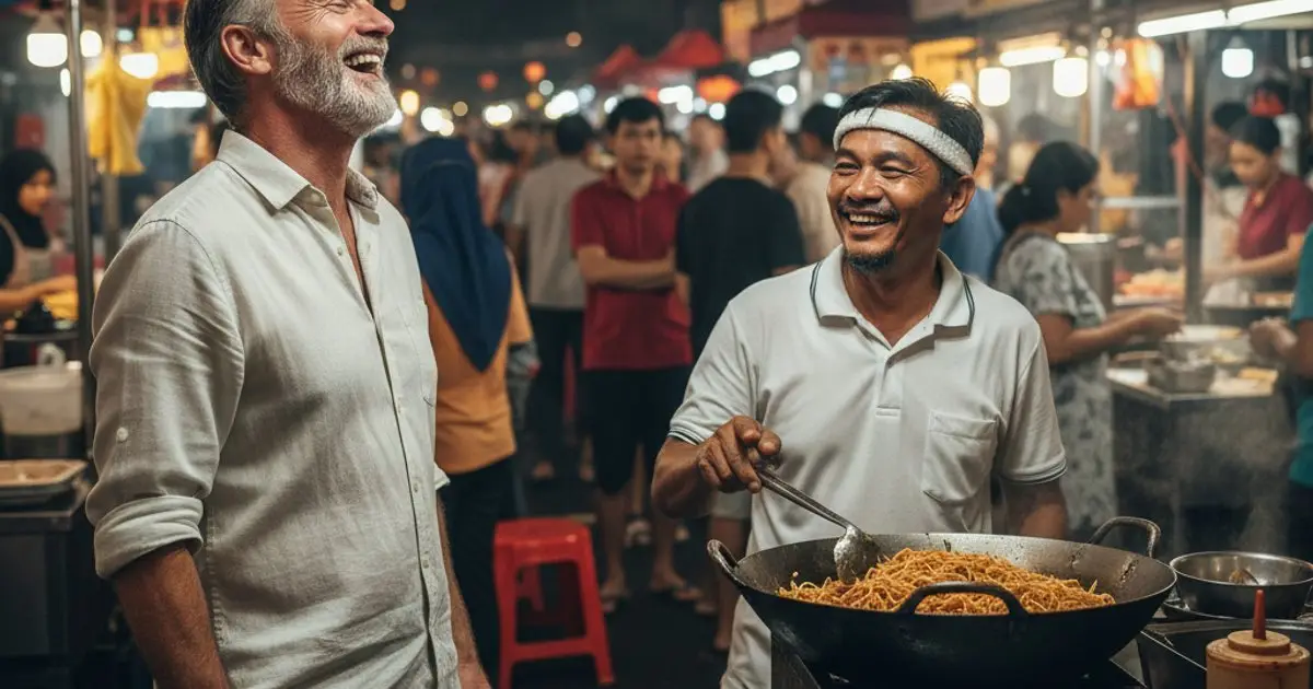 MM2H resident engaging with a local hawker stall owner at a Malaysian night market