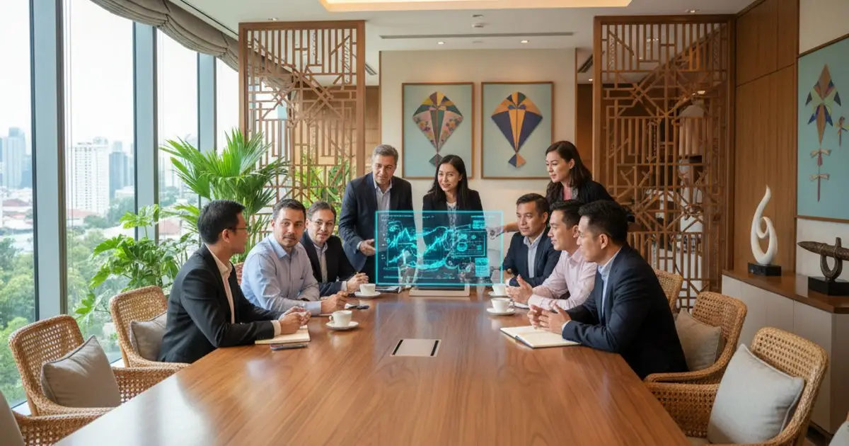 Diverse professionals collaborating in a modern Malaysian office, reflecting talent attraction and economic contribution for MM2H