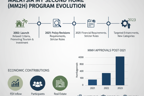 Infographic detailing Malaysia My Second Home (MM2H) program changes over time, showing a sharp decline in approvals after 2021 reforms.
