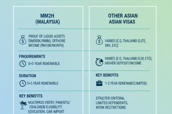 Comparison of MM2H program requirements with other Asian long-stay visas like Thailand LTR, Philippines SRRV, and Indonesia Second Home Visa, showing financial thresholds and visa duration.