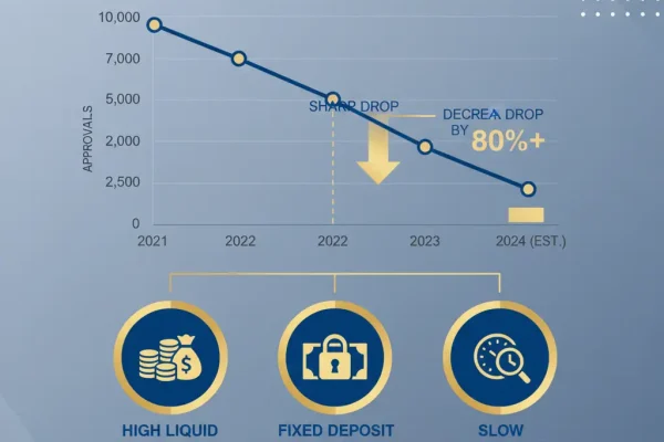 Infographic showing the decline in Malaysia My Second Home (MM2H) program approvals due to new stringent financial requirements and slow processing times.