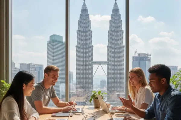 Digital nomads collaborating in a modern co-working space in Kuala Lumpur, Malaysia, highlighting the tech-savvy demographic targeted by new visa policies.