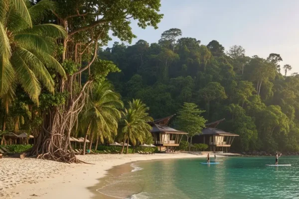 Pristine Malaysian beach and rainforest, highlighting the environmental impact of MM2H.
