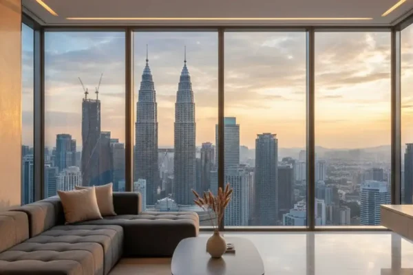 Luxury condominium with Kuala Lumpur skyline view, showcasing MM2H property investment potential